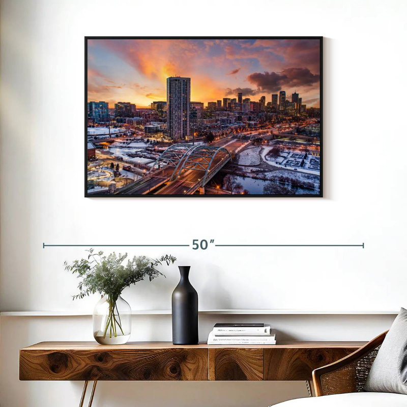 Coucher de soleil d'hiver à Denver, Cadre flottant noir, 37 po x 25 po