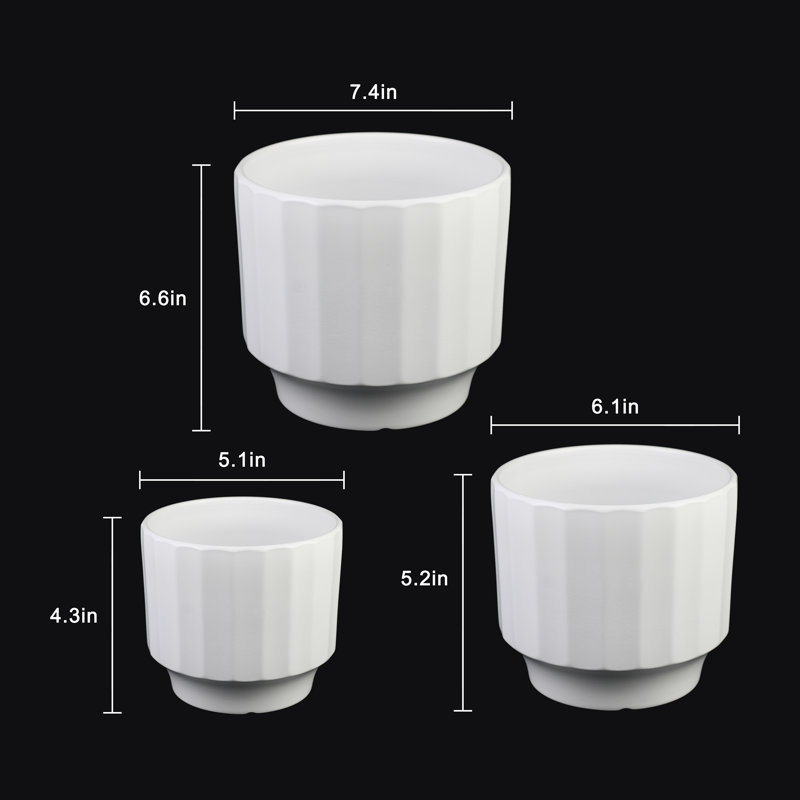 3-Piece White Ceramic Stoneware Planter Set with , Round Indoor Outdoor Plant Pots with Fluted Design