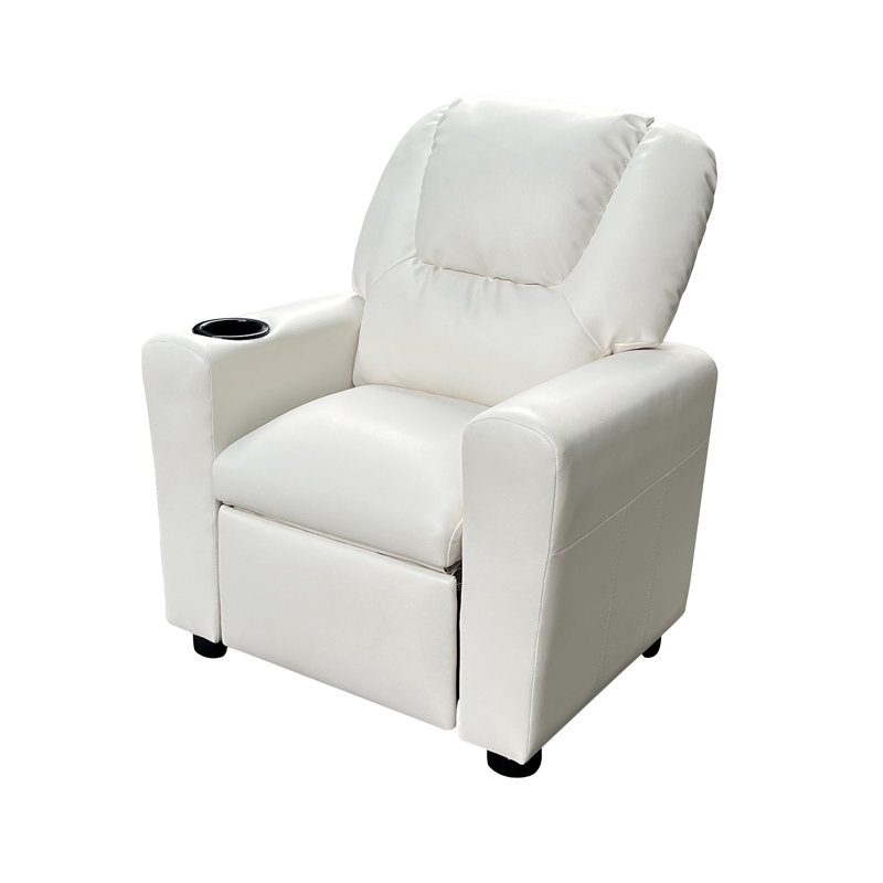 PU Leather Youth Recliner Chair With Cup Holder, White Faux Leather