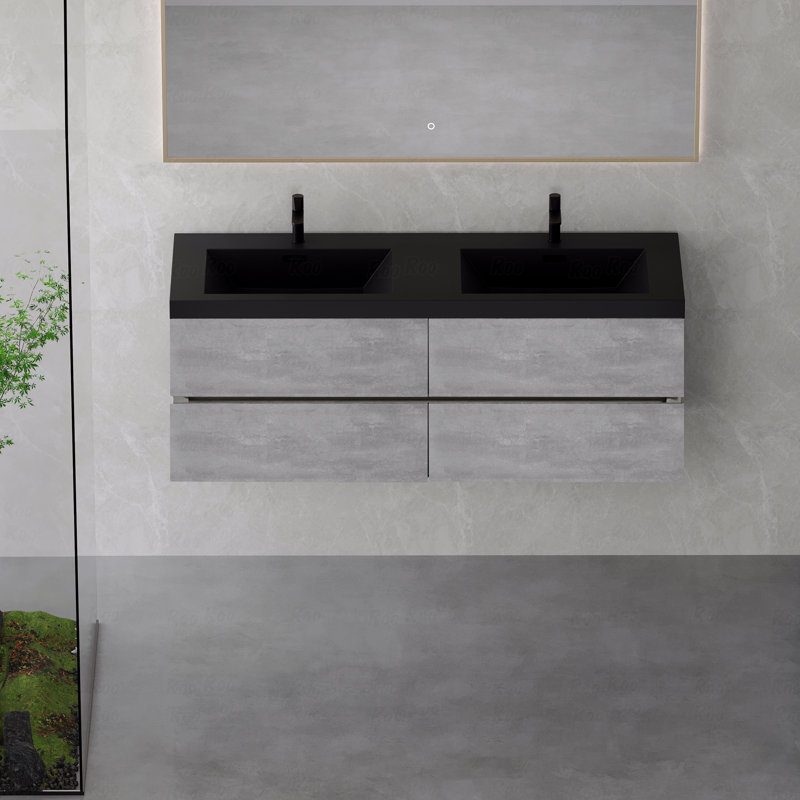 Meuble-lavabo flottant double de 60 po de largeur, meuble-lavabo mural moderne avec double cuve en quartz noir et quatre tiroirs à fermeture en douceur