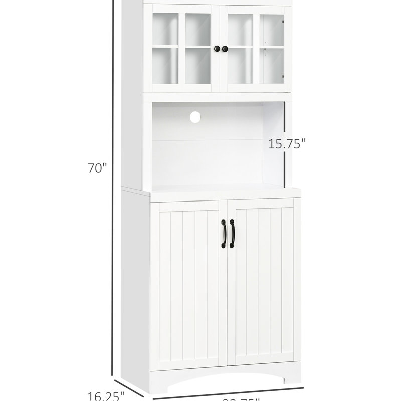 Kitchen Storage Cabinet, White With Adjustable Shelves And Microwave Compartment For Dining Room - Practical Organization , Pantry Cabinet Glass Framed Door, & Space. Large Essentials. Customizable