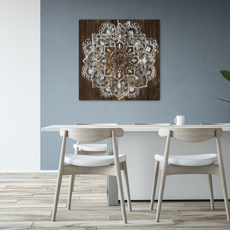 Mandala sur bois foncé, art floral bohémien, H 32 po x l 32 po