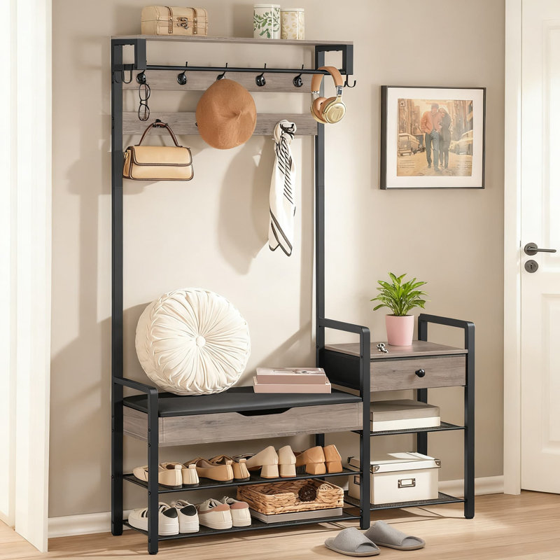 Arbre d'entrée avec banc et rangement | Organisateur de vestibule 5-en-1 avec portemanteau, rangement pour chaussures, siège rembourré en polyuréthane et boîte de rangement rabattable pour l'organisation du vestibule et du couloir