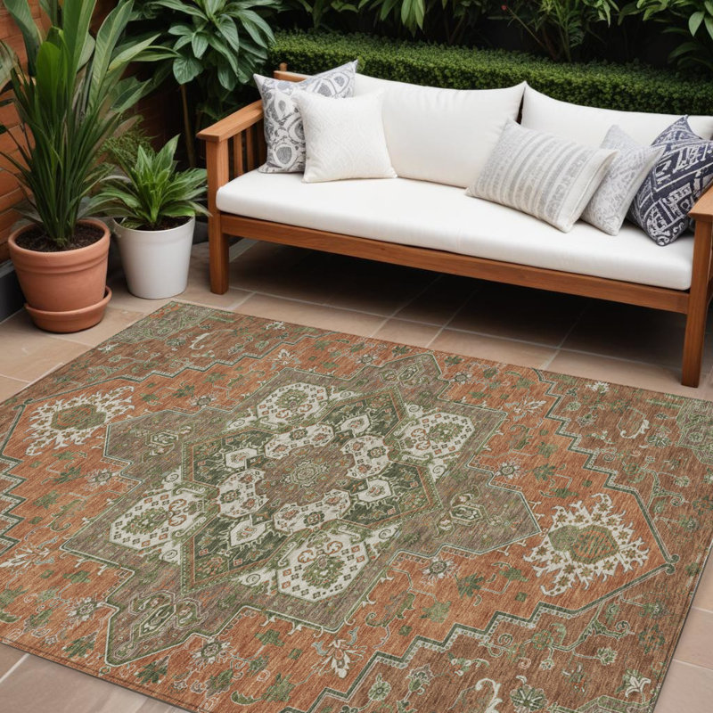 Tapis intérieur lavable oriental vert rouille et brun 9 pi x 12 pi