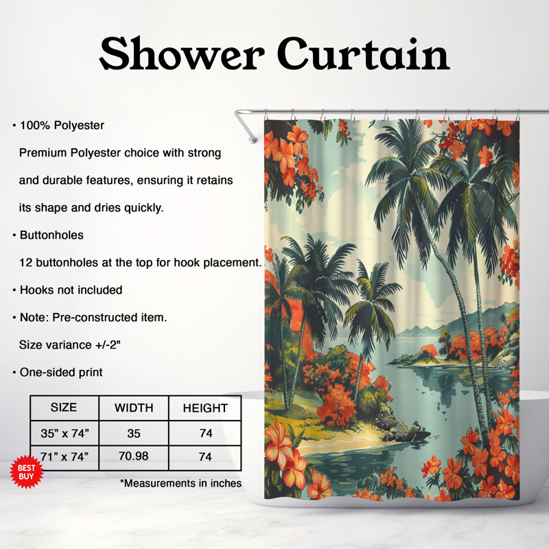 Classic Island Art - Rideau de douche standard 1 pièce, H 74 po x l 71 po