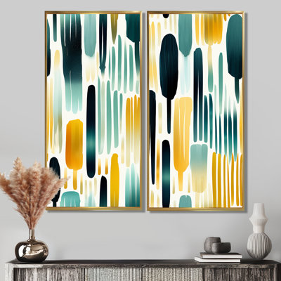 «Green Adn», peinture jaune à rayures - décoration murale moderne rose, 2 pièces