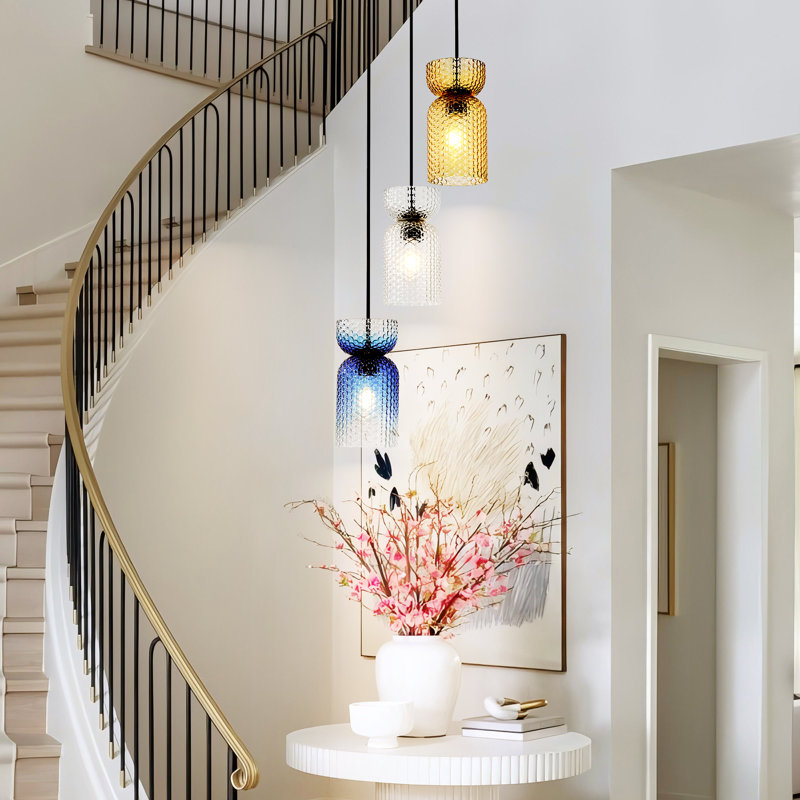 3-Light Dimmable Clear Amber Gradient Blue Textured Glass Pendant