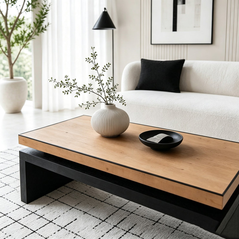 Modern Industrial Coffee Table with Two-Tone Floating Top Design, Black+Natural