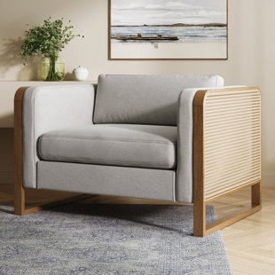 Boho Upholstered Chair With Rattan Accent And Solid Wood Frame