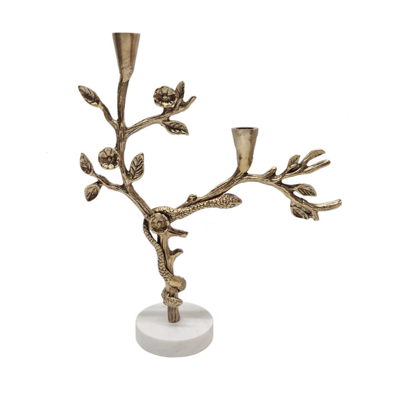 Support doré multi-conique avec branches complexes et support en marbre blanc, H 15 po x l 12,5 po x P 4 po