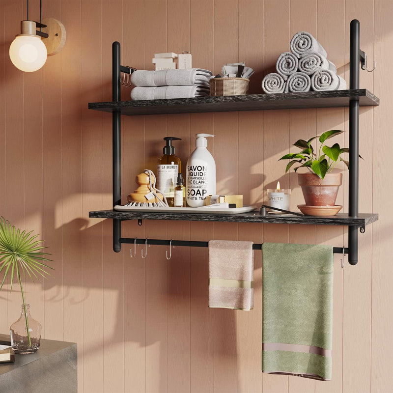 Floating Shelf With Towel Bar And Hooks - Industrial Wall-Mounted Storage Shelf For Kitchen, Bathroom, Living Room - Sturdy Wrought Iron And Particle Board Design