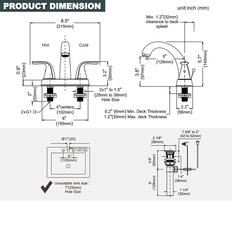 2-handle Bathroom Faucet with Drain Assembly, Silver