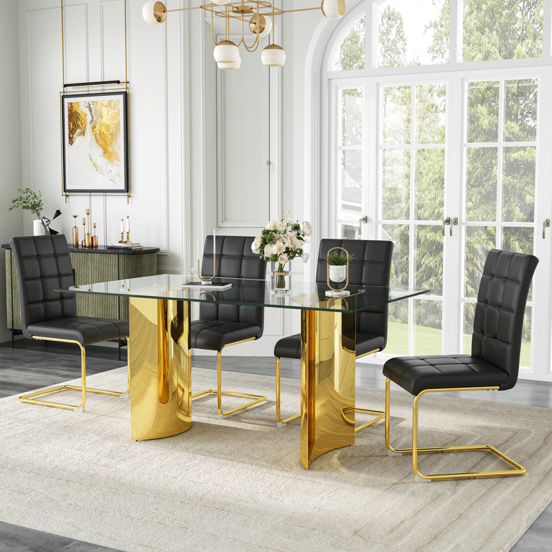 Modern Glass Dining Table Set, 63" Tempered Glass Top With PU Leather Upholstered Cantilever Chairs And Backrest Pull Ring