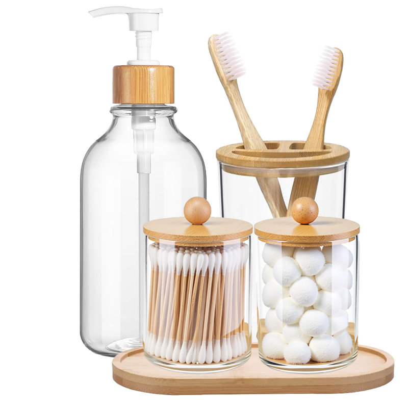 Ensemble de 5 accessoires de salle de bain en bambou avec plateau - porte-brosse à dents en plastique transparent et porte-bidon en coton