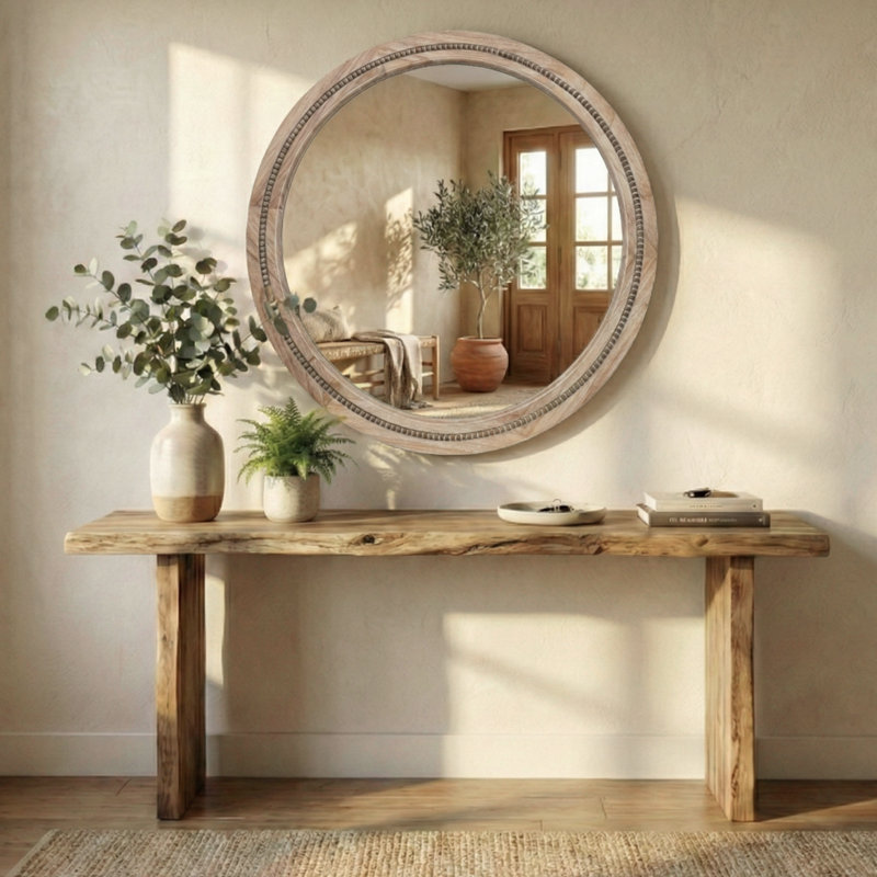 Solid Wood Round Decorative Wall Mirror, Natural Wood, 36" x 36"