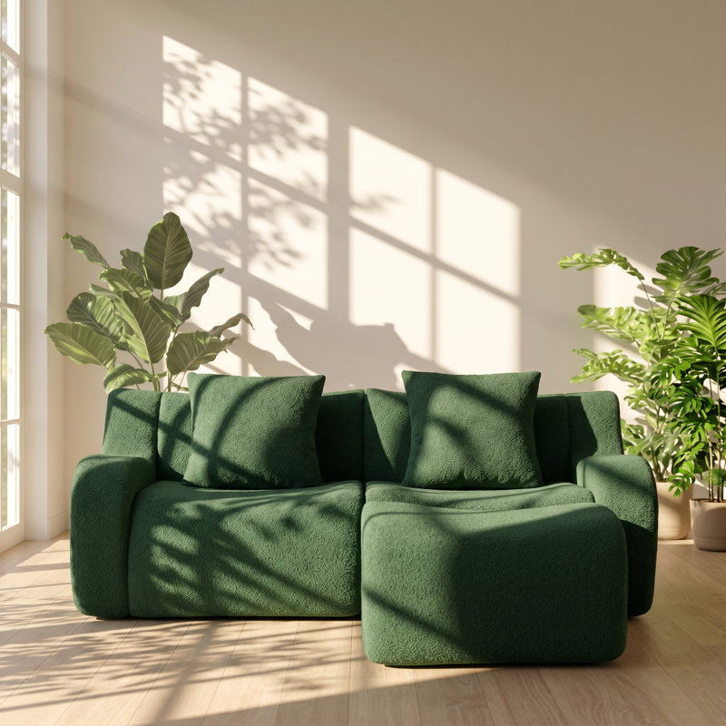 Evergreen 82.7" W x 65.7" D x 27.9" H Teddy Fabric 2-Seat L-Shaped Sectional Sofa, Green Teddy