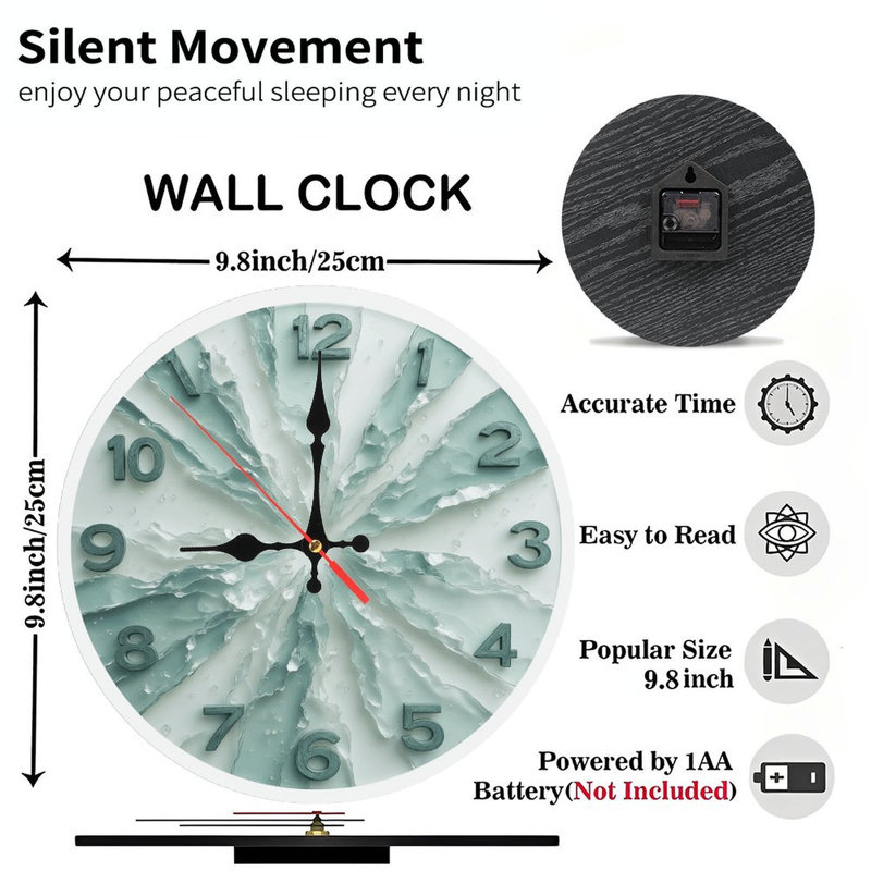 10'' Round MDF Wall Clock with Silent Quartz Movement and No-Drill Hanging Hook(AA Batteries Not Included)