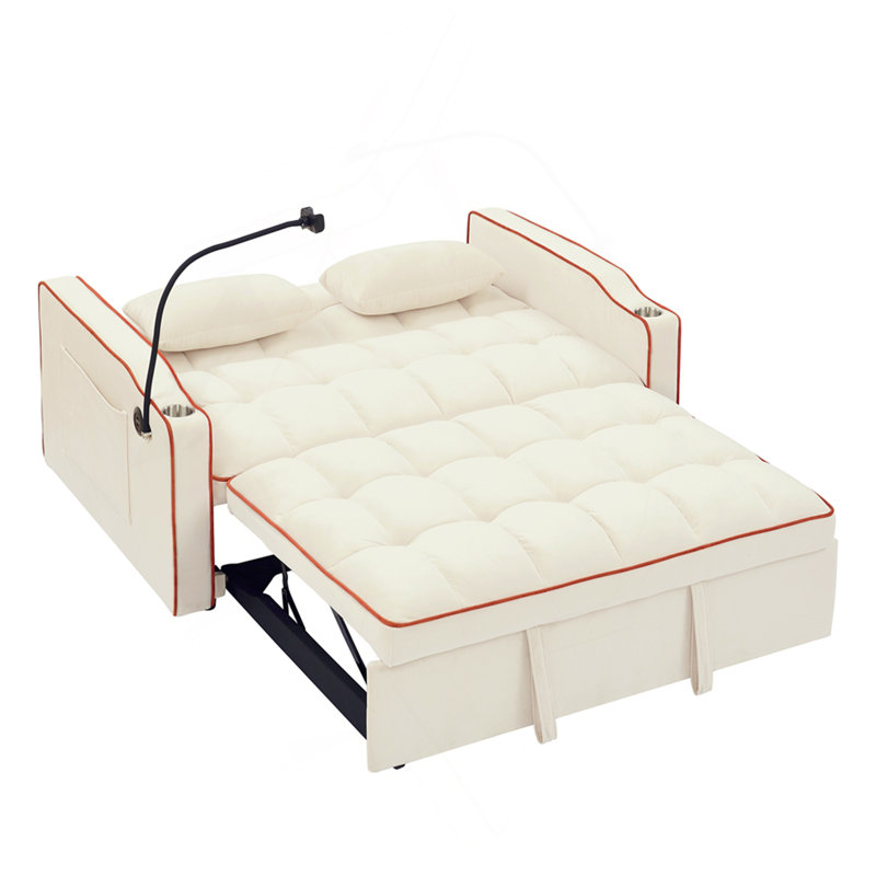 Velvet Pull-out Sleeper Sofa Bed, Adjustable Back and with USB Pport, swivel phone stand, Beige, 31.15" H x 55.55" W x 37.05"