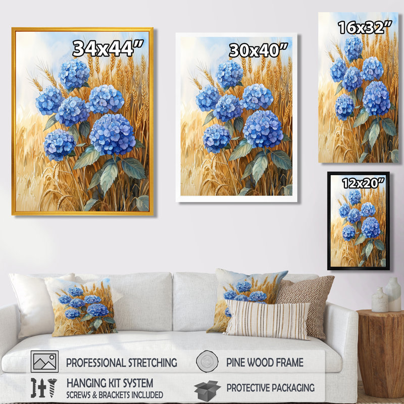 "Hortensias de campagne dans le champ de blé" IV - Hydrangea, art mural encadré, Noir, Impression encadrée flottante