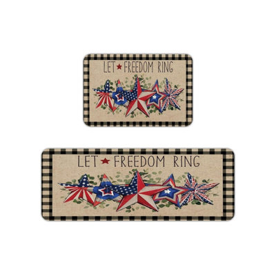 Red White Blue Patriotic Kitchen Mats, 2-Piece Set Rustic Rugs For Kitchen & Porch