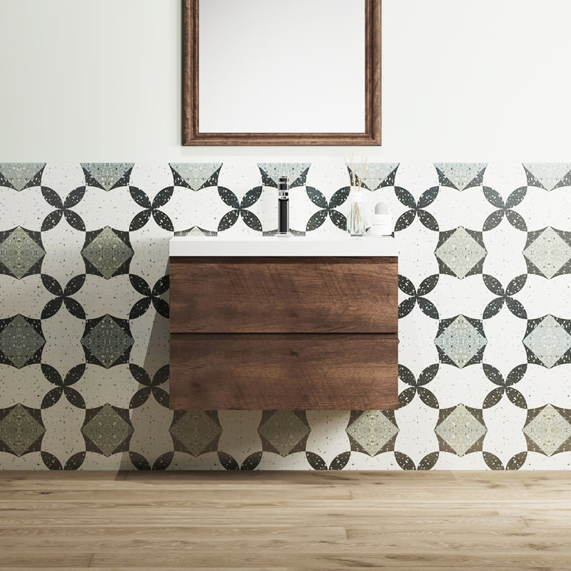30" Floating Bathroom Vanity Modern Wall-Mounted Single Vanity with Integrated Resin Top, 2 Soft Close Drawers, Full Assembly