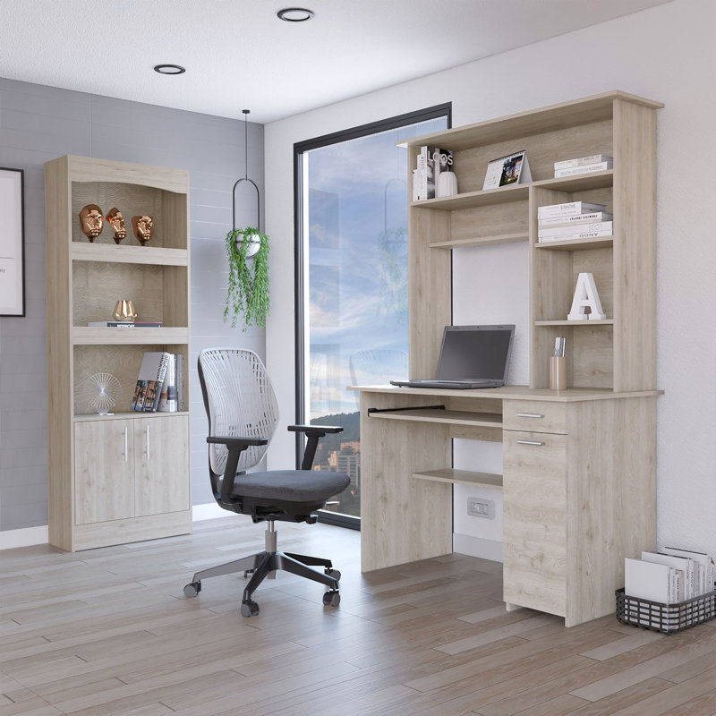2-Drawer 7-Shelf Computer Desk With Hutch, Gray