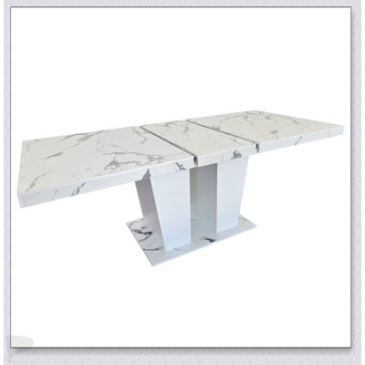 Table de salle à manger extensible pour 6-10, table de cuisine extensible en faux marbre blanc moderne avec base à double colonne, grande table de salle à manger rectangulaire