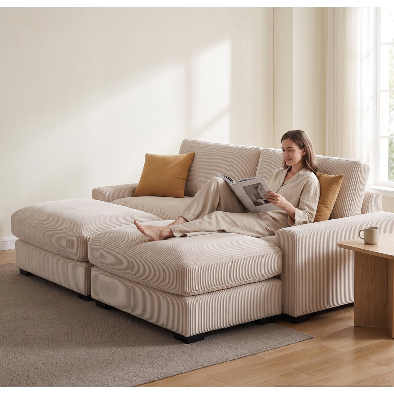 Canapé surdimensionné deux places de 215 cm avec 2 poufs et 2 coussins beiges pour canapé-lit de salon, beige