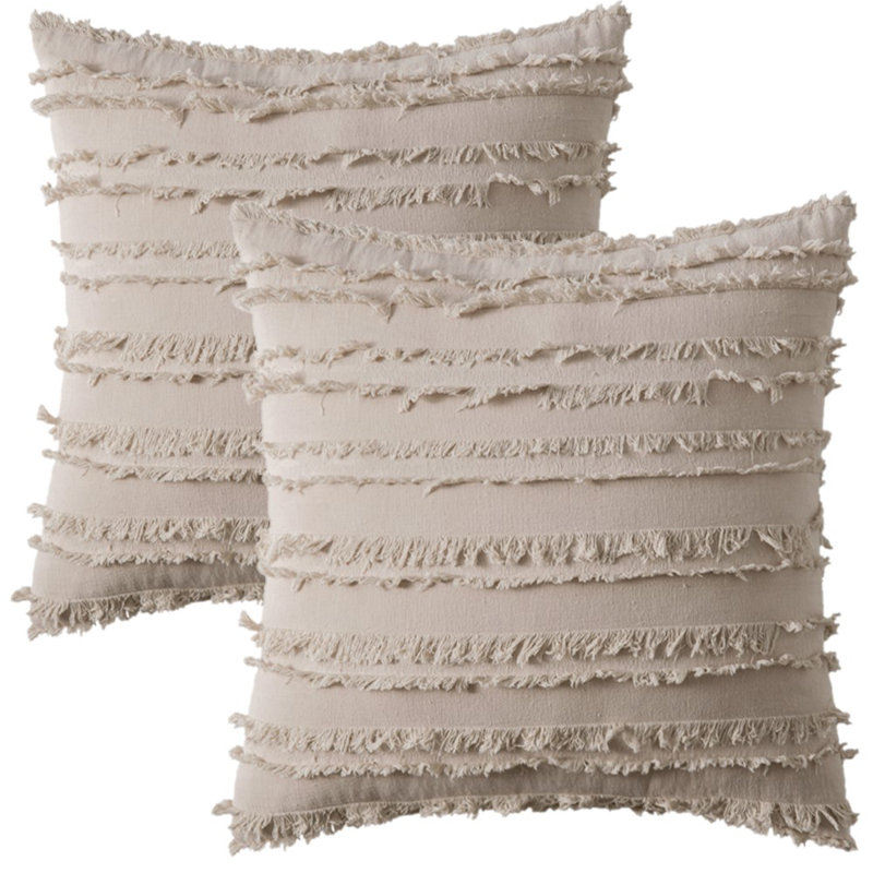 Ensemble de 2 housses de coussin à motif jacquard rayé, Beige, 18 po x 18 po, Non