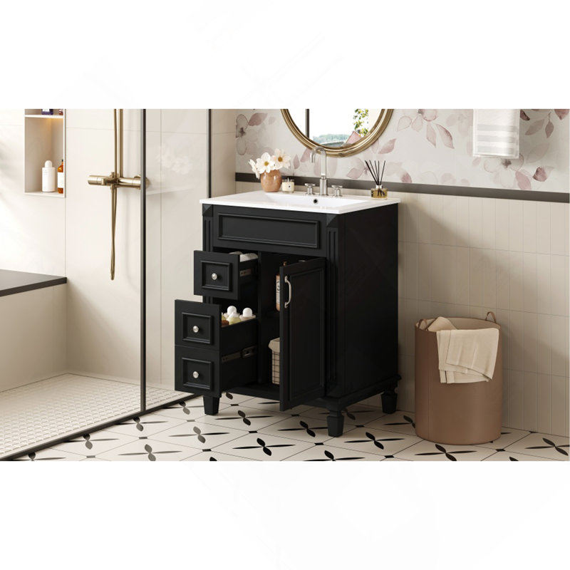 Meuble-lavabo 24 po avec lavabo en céramique, petite armoire de salle de bain moderne, 2 tiroirs et tablette réglable, Noir