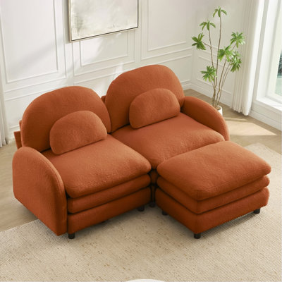 Teddy Fabric Soft Cloud-like Loveseat Sofa,Curved Backrest and Armrest with Curved Lumbar Pillows, Sectional 2 Seater Modular Couch with Movable Ottom