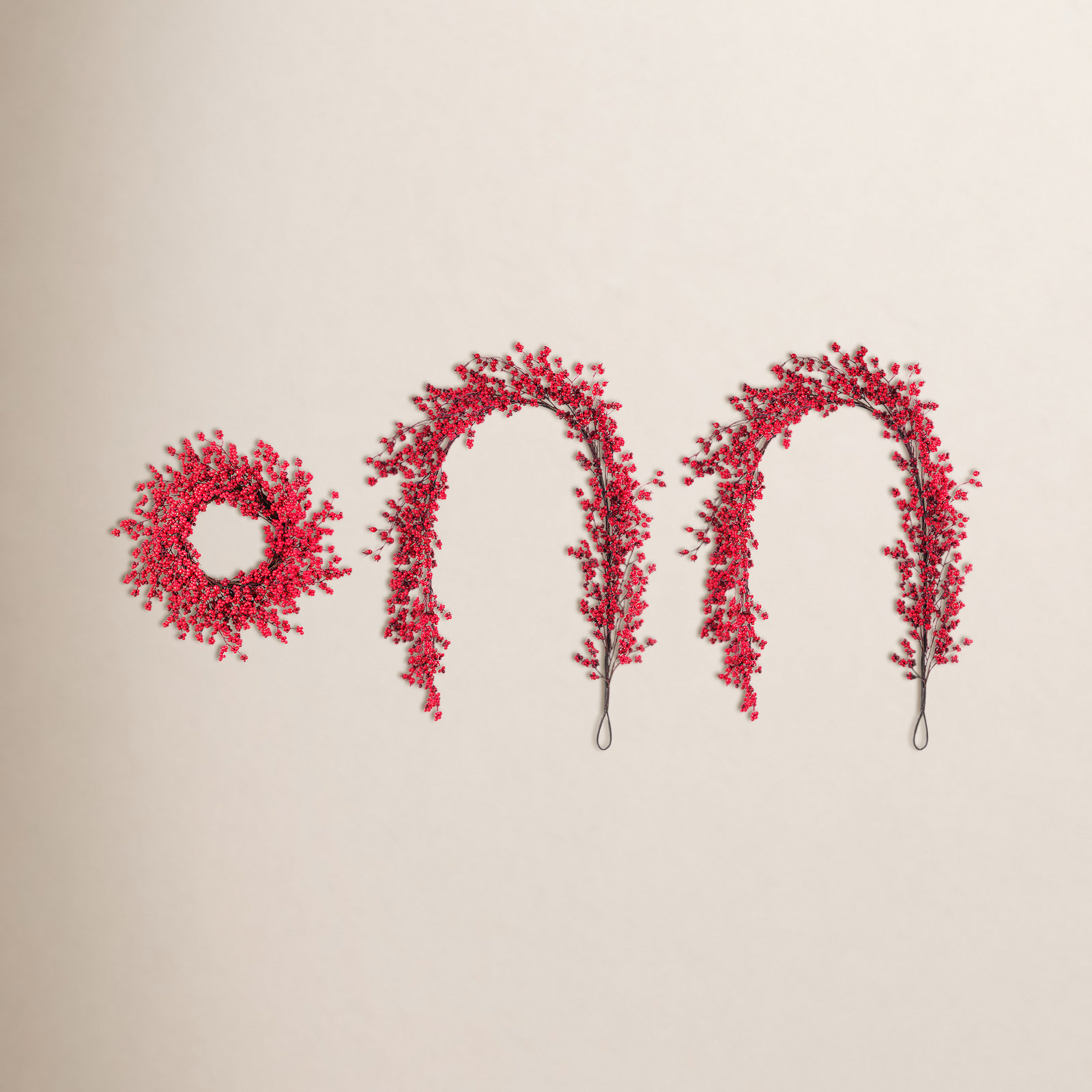 3-Piece 6Ft Christmas Red Berries Garland Set And 25"D Christmas Red Berries Wreath
