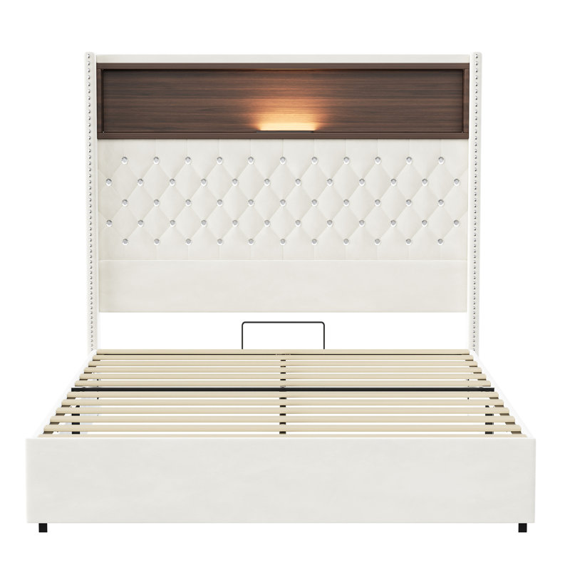 Structure de lit moelleuse en velours avec port USB et veilleuse, tête de lit haute 52 po avec rivets, lit plateforme à oreilles avec tablette de tête de lit