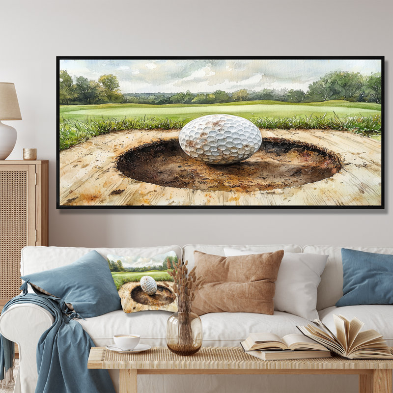 «Chassant le pin, paysage de golf I», reproductions encadrées de golf, H 28 po x l 60 po, Cadre flottant, Noir