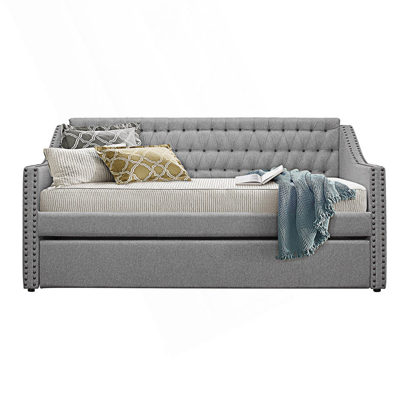 Modern Style Design Upholstered Sofa Bed With Trundle, Button-Tufted Detail Nailhead Trim Day Bed, Gray