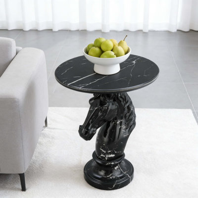 Black Horse Head Accent Side Table With Faux Marble Top, Animal Statue End Table For Living Room, Durable Resin Construction