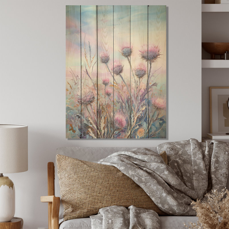Minimalisme, chardon, nature, fluorescence - champ de fleurs, art mural sur bois de pin naturel, H 20 po x l 10 po
