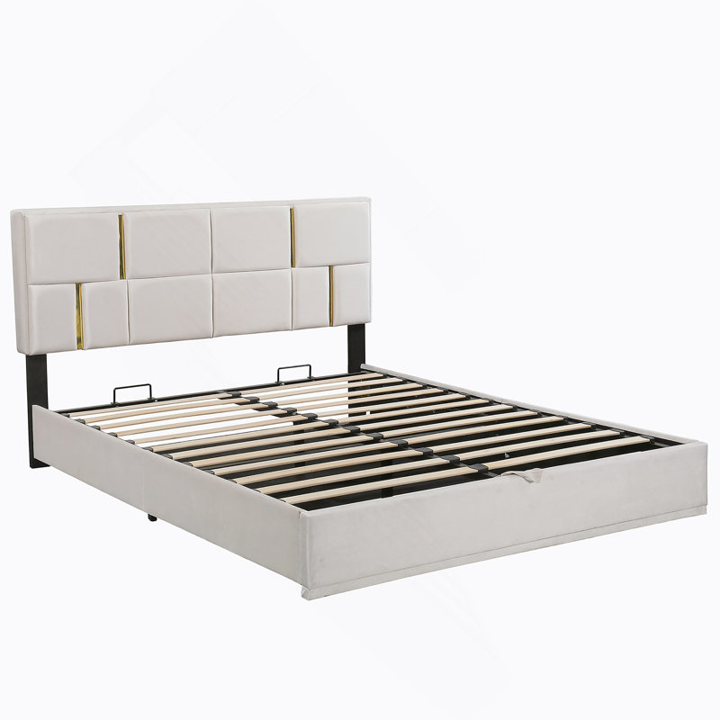 Upholstered Platform Bed with Hydraulic Storage System, Beige