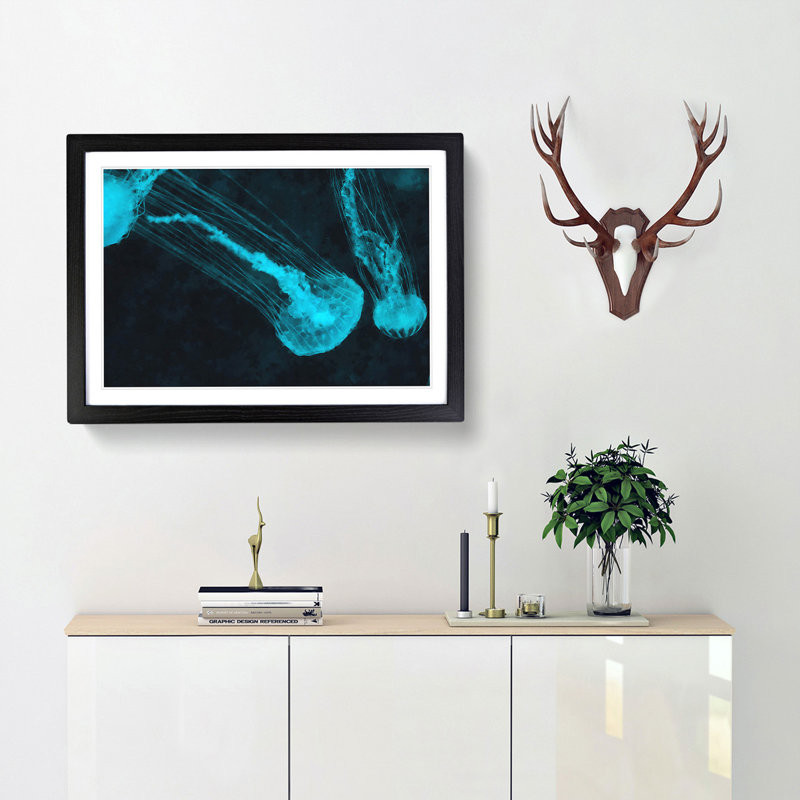 Neon Blue Jellyfish - Picture Frame Graphic Art Print, Black Framed, 24cm H x 33cm W x 2cm D