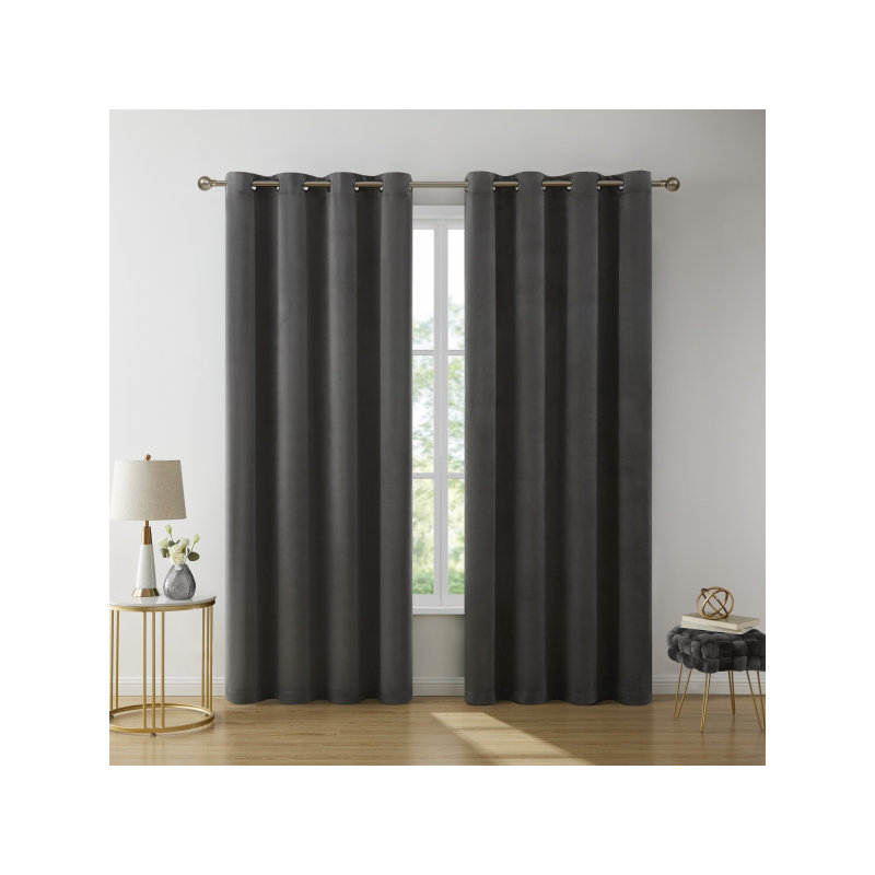 Pleze Velvet Semi Sheer Curtain Pair, Charcoal, 54" W x 84" L