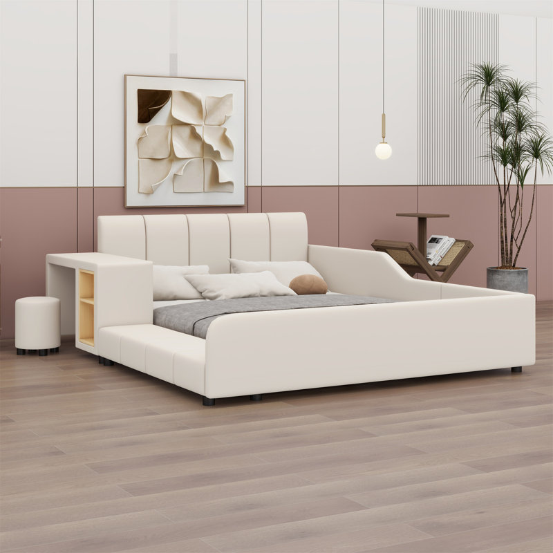 Lit plateforme tapissier avec rangement Leavie, Double, Beige
