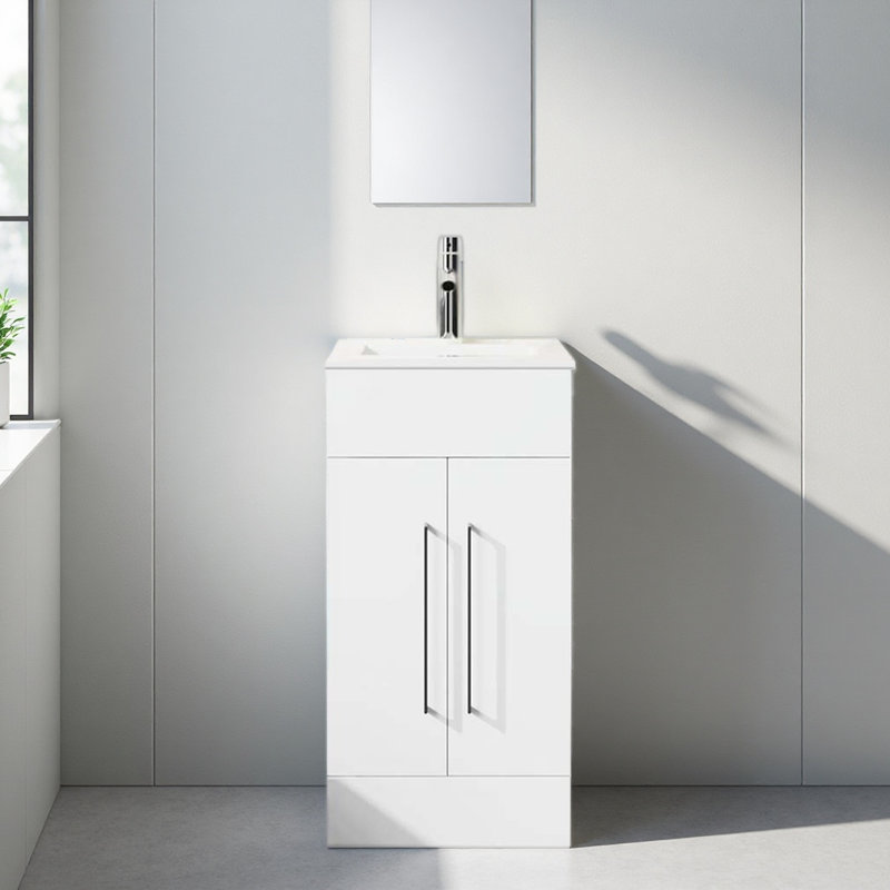 Petit meuble-lavabo simple 16 po, armoire de salle de bain moderne autoportante avec lavabo encastré, armoire de rangement en bois 2 portes