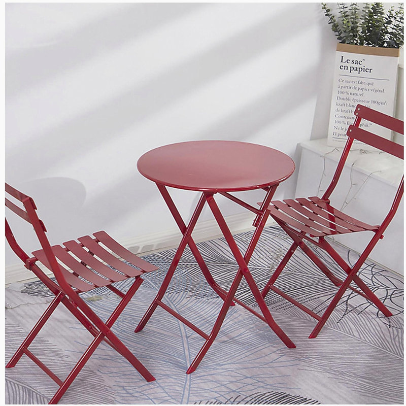 3 Piece Patio Bistro Set of Foldable Round Table and Chairs, Red, Red