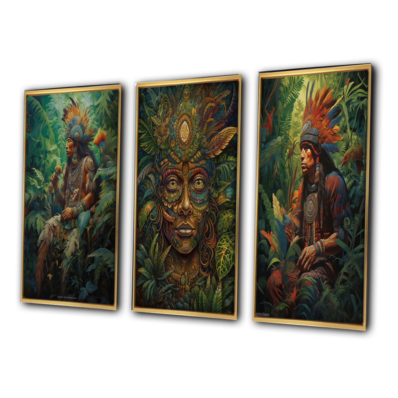 Chaman Amazonien, sagesse antique - Ensemble de 3 pièces d'art populaire, Cadre flottant doré, H 28 po x l 36 po
