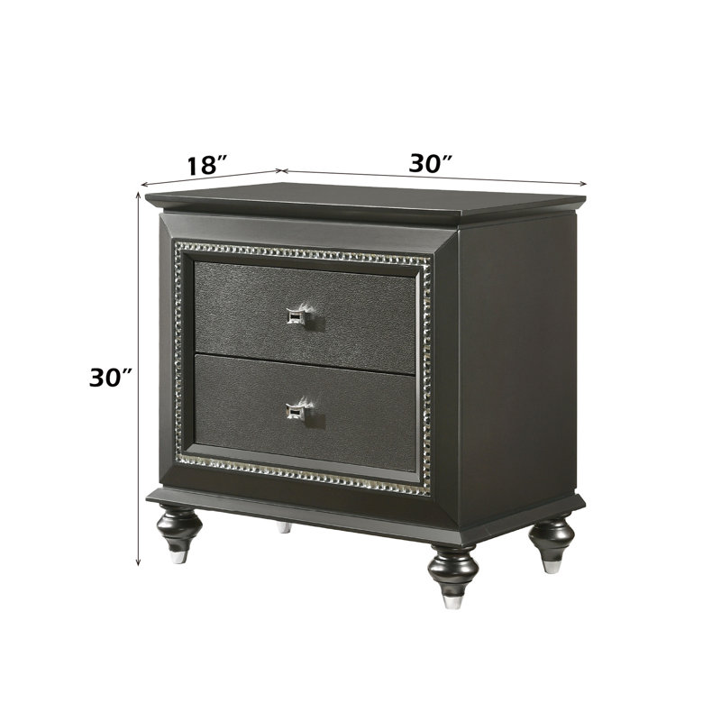 Table de chevet élégante - gris métallique, structure en bois, glissières latérales en métal, tiroirs gris avec garniture 2 tiroirs