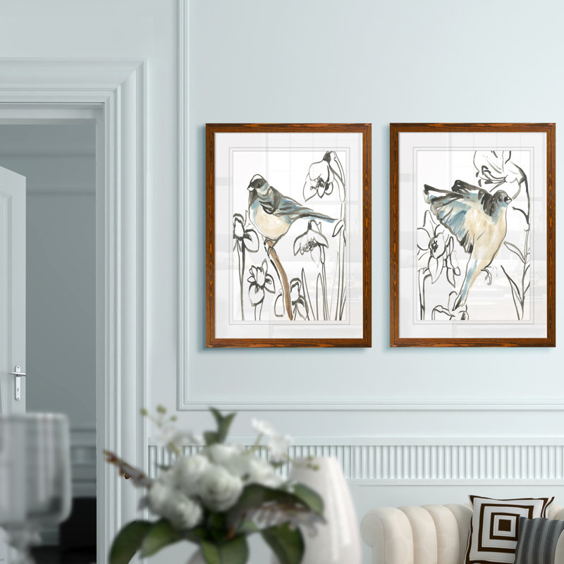 Songbird Meadow - ensemble de 2 peintures encadrées, H 20 po x l 16 po, Impression encadrée avec passe-partout, Espresso