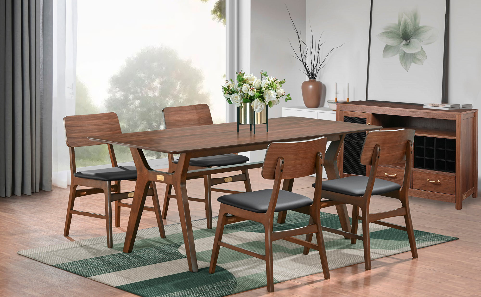 George Oliver Walnut Dining Table Set With Sideboard, 6 Piece 