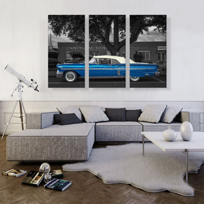 «Blue Vintage Car», ensemble de 3 reproductions de photos sur toiles tendues