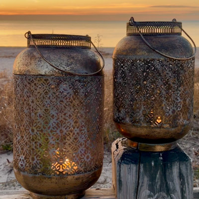 17" Golden Metal Temple Candle Lanterns