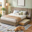 Grand lit plateforme tapissier avec tables de chevet flottantes et 2 tiroirs de rangement, grand, brun-684989055-684989054